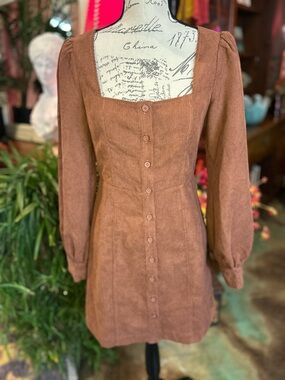 Lulu's Rust Brown Corduroy Long Sleeve Button Front Dress